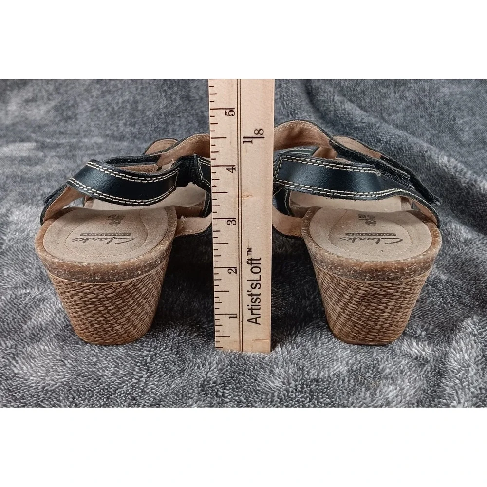 Clarks Collection Women Black‎ Leather Wedge Sandals Comfort Soft Cushion Size 8